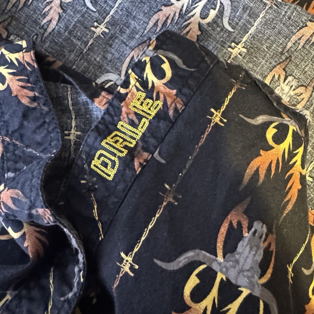 Rock & Roll Denim Shirt Mens M Aztec Western Pearl Snap Barbed Wire Steer Flames - Picture 12 of 13